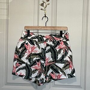 LOFT Tropical Floral Print Paperbag Waist Linen Shorts White, Pink & Green NWOT